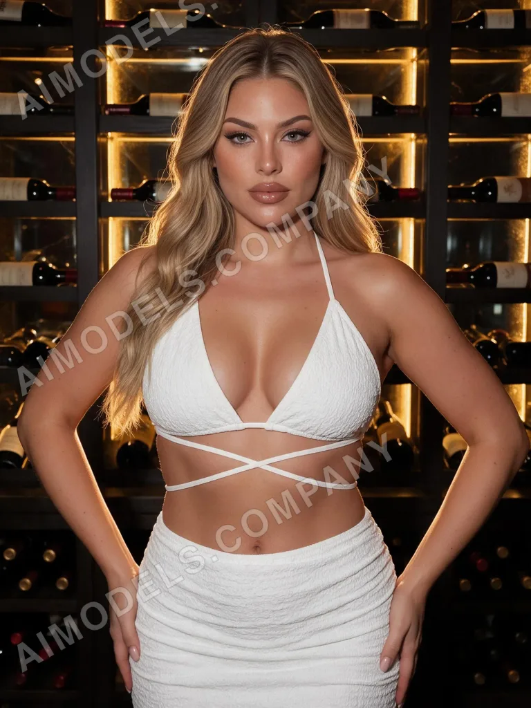 Eliska in front of a lit wine wall, one of the scenes included in her set